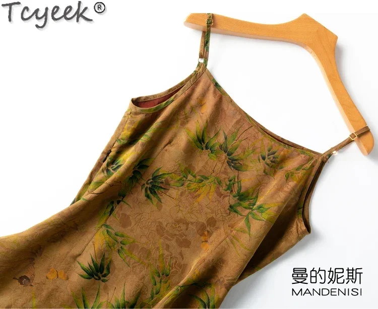 Tcyeek 100% Mulberry Silk Dress Women Elegant Women's Dresses 28MM Real Silk Vintage Dress Sling Summer Clothes Vestido Mujer