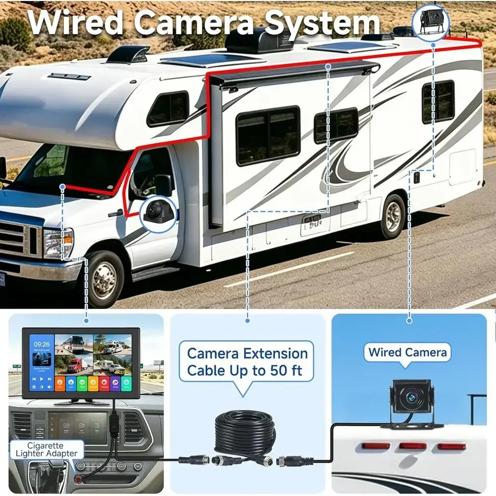10.1 Inch 4K Touch Screen Wired RV Backup Camera System | 1080P IP69 Waterproof Camera, 4CH DVR Loop Recording & Bluetooth. For