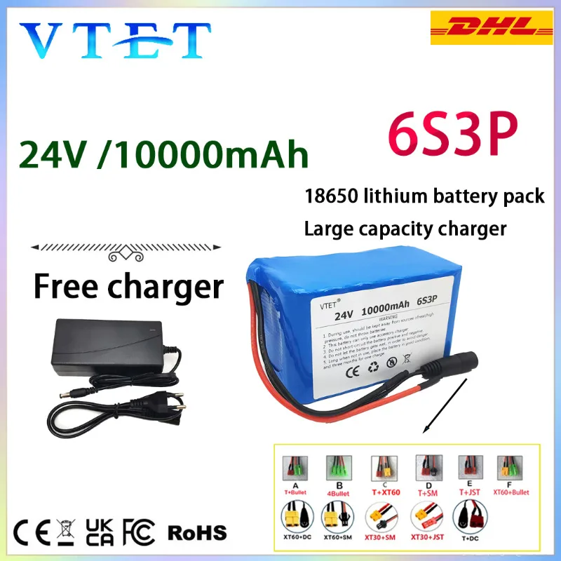 

VTET 24V 10AH 6S3P 18650 Lithium Ion Battery 24V 10000mAh Electric Bicycle Lightweight/Electric/Lithium Ion Battery Pack+Charger