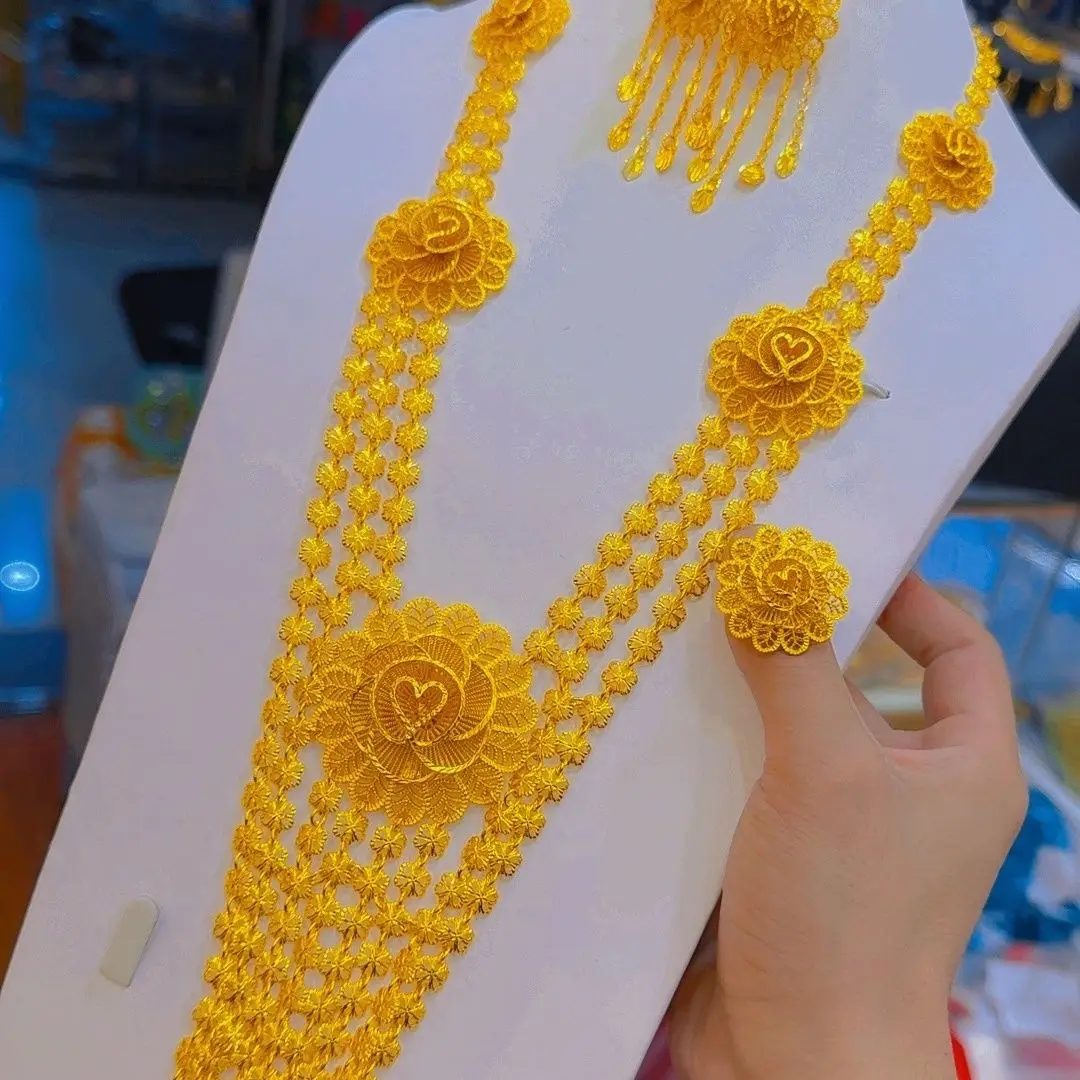 

New Dubai 24K Gold Plated Necklace, Earrings, Rings for Women's Romantic Wedding Parties, Jewelry Set for Mothers YY10554