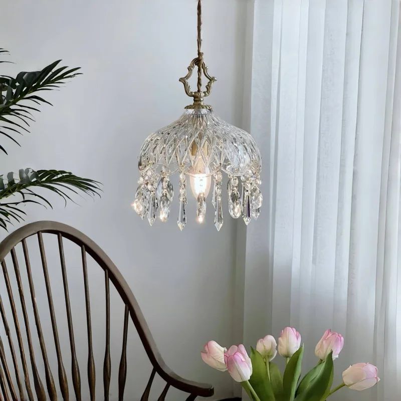 French Vintage Diamond Glass Pendant Light Luxury Art Crystal Chandelier Droplet Brass Retro bedroom bedside small pendant light