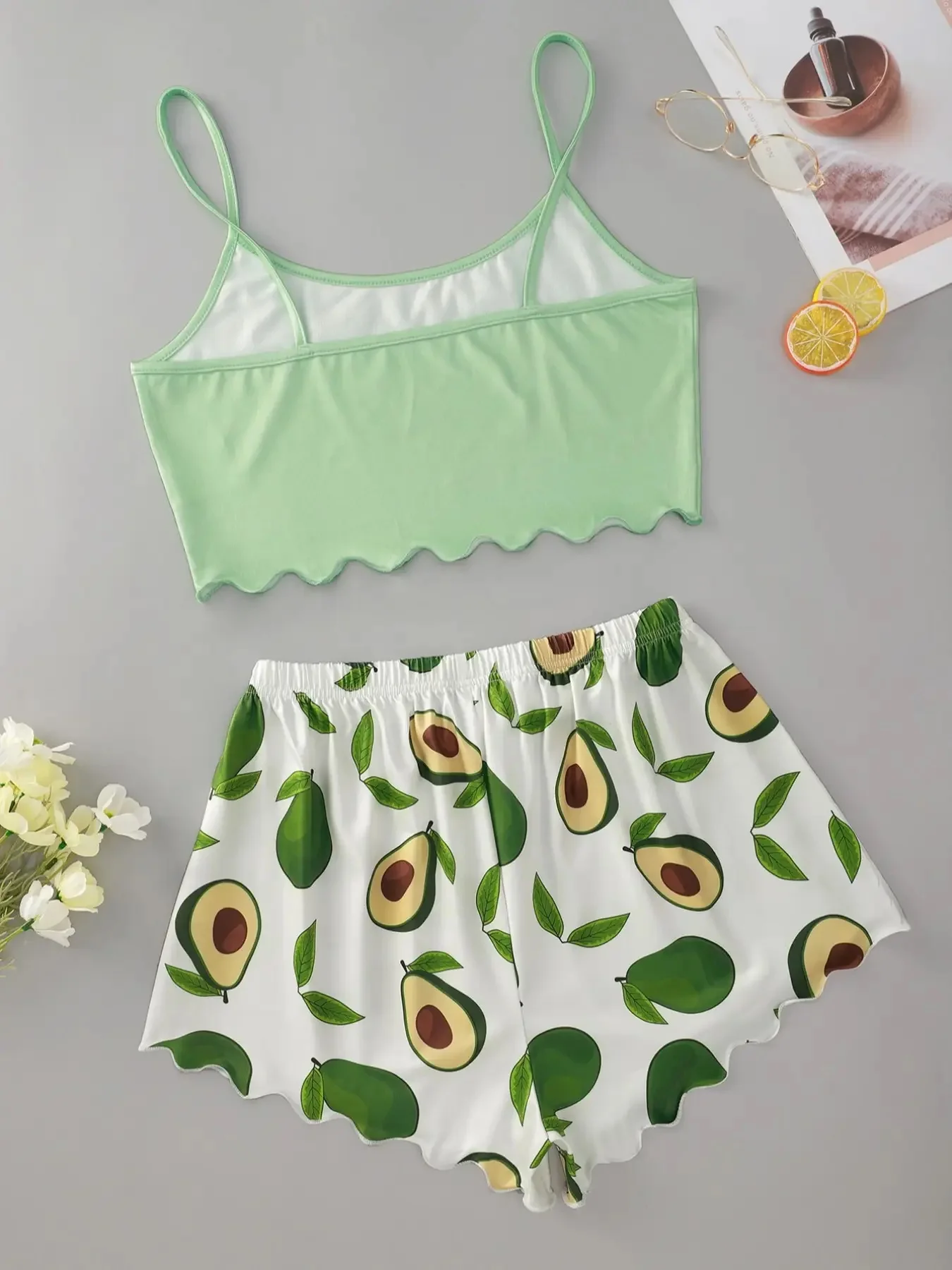 New Style Summer Women Pajamas Set Avocado Print Camisole With Shorts Casual Sexy Lovely Nightie Homewear Sleepwear Underwear