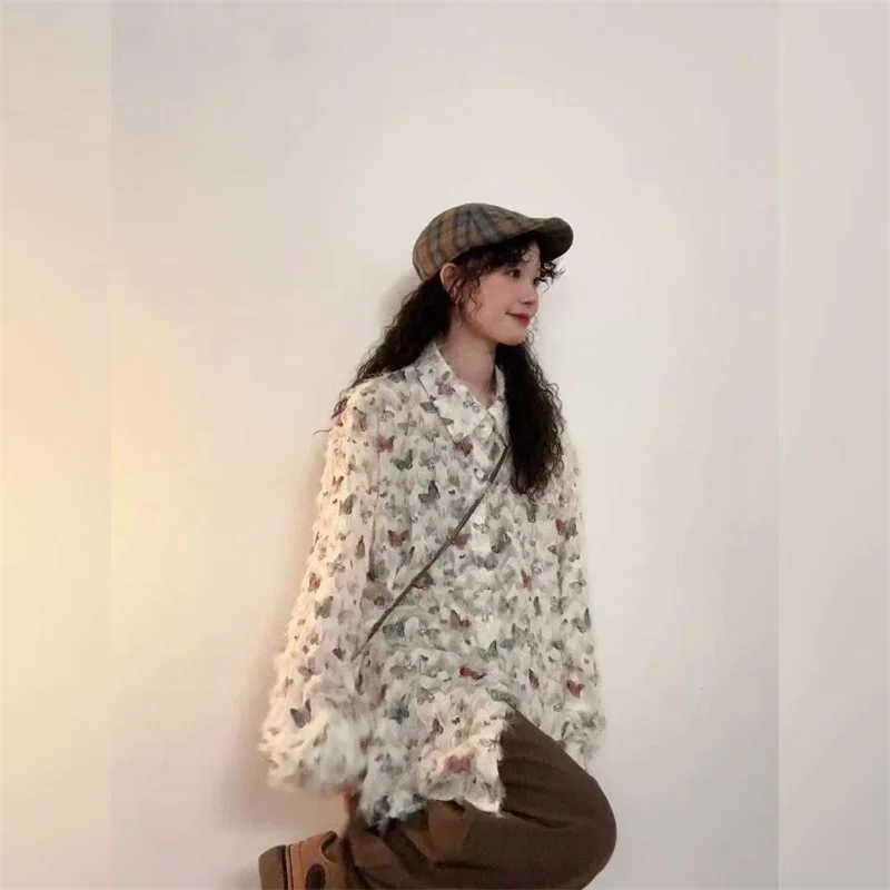 Shirts & blouses Spring and Summer Thin Long-sleeved Shirt Female Design Sense Niche Artistic Sense Floral Polo Collar Shirt