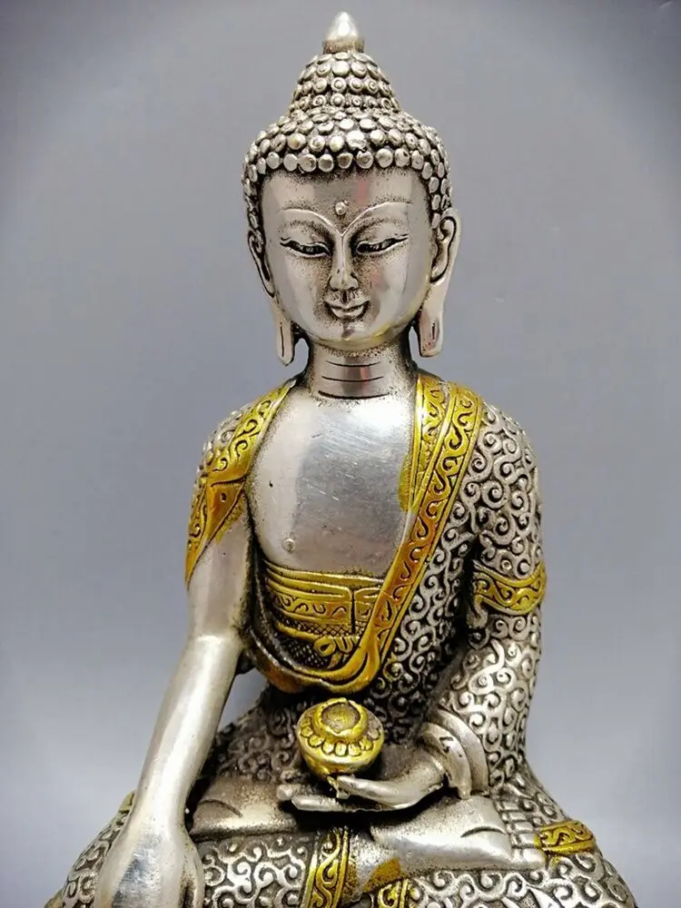 Old Tibetan Buddhism Tibet Silver Gilt Handmade Work Shakyamuni Buddha Statue