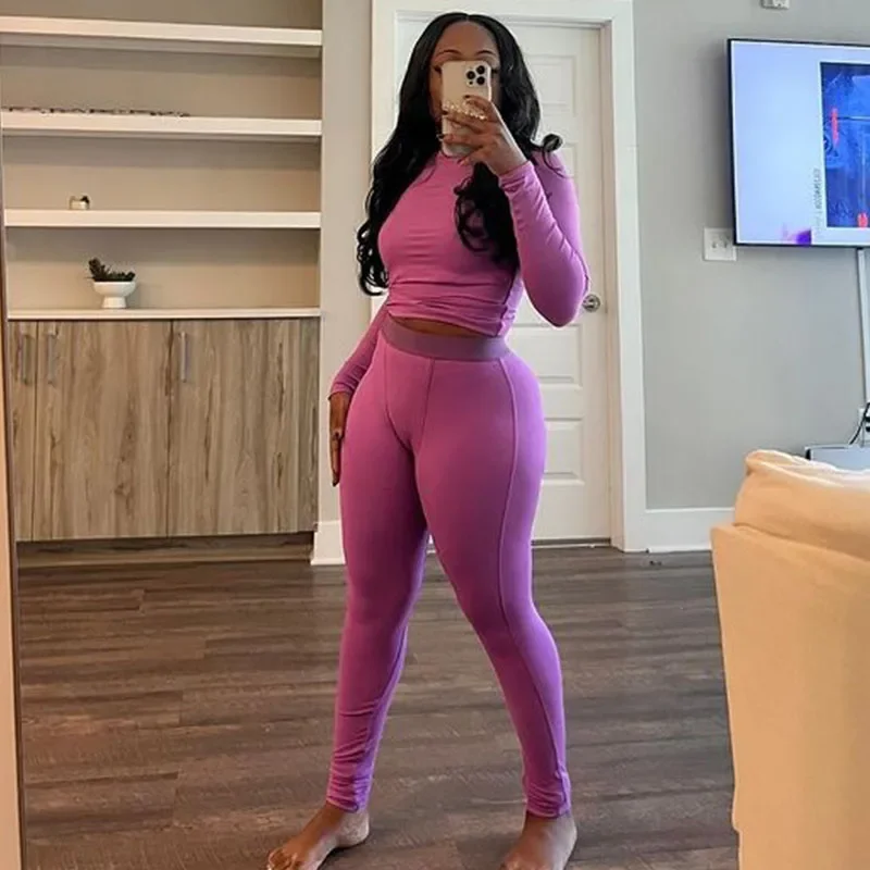 

Solid Ribbed Slim Pant Sets Womens 2 Piece Set Sproty Fitness Long Sleeve O-neck Top and Legging Pants Casual Tracksuit Outfits