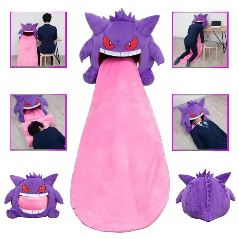 Pokemon Gengar Große Zunge Plüschkissen-Decke 2-in-1 Weiche Gefüllte Anime-Schlafkissen Kopfbedeckung Schlafdecke für Büro Zuhause Geschenk