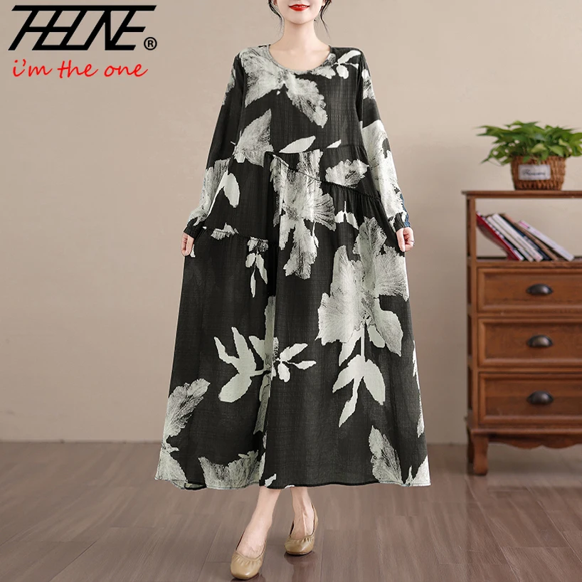 Sukienki damskie 2026 Jesień Zima Maxi Długi Rękaw Vestidos Largos Feminino Robe Boho Casual Kwiatowe Luźne Bawełna Len