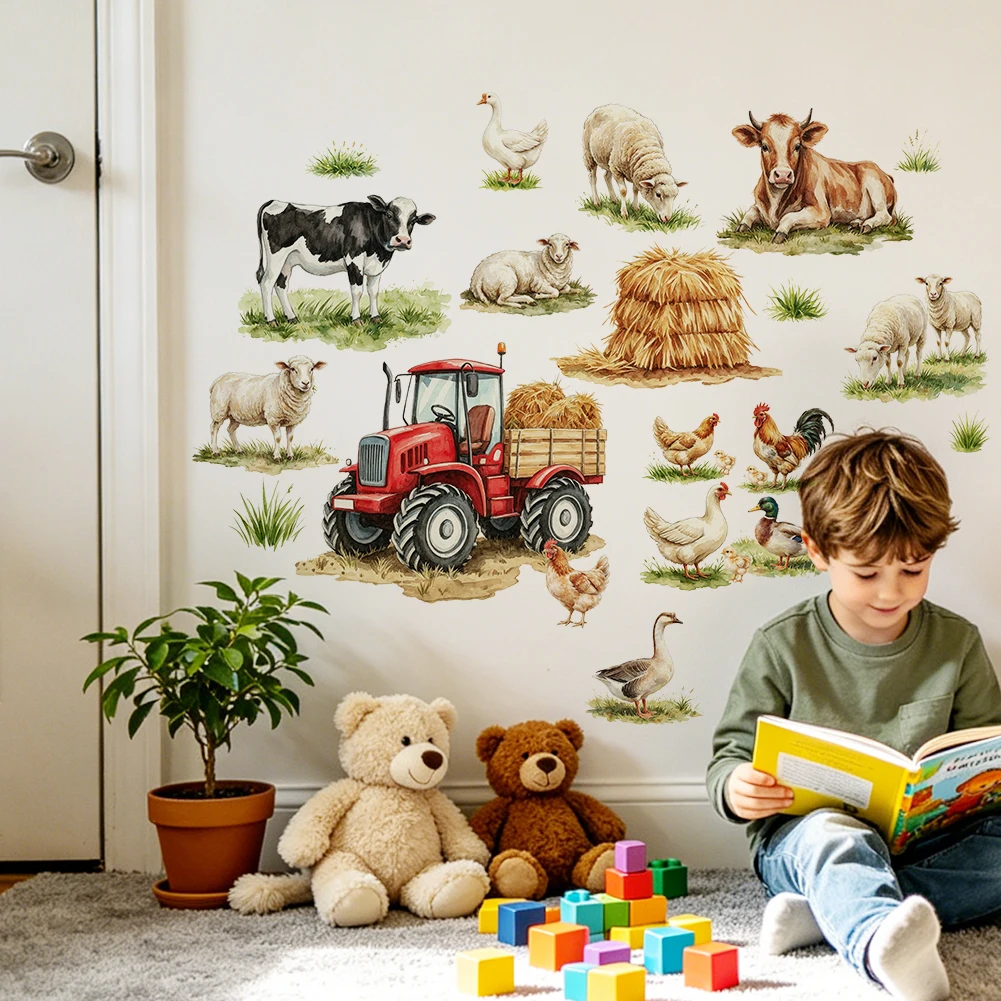 Watercolor Farm Animal Wall Stickers Red Tractor Cow Sheep Duck Decals for Kids Bedroom Nursery Home Wall Decor