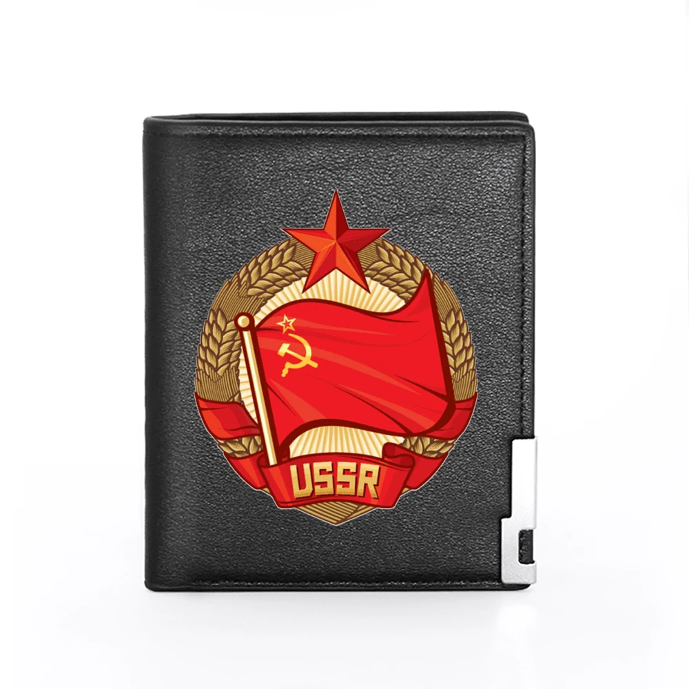 สินค้าใหม่แฟชั่น USSR โซเวียตธงสีแดงพิมพ์ Pu หนังกระเป๋าสตางค์ผู้ชายผู้หญิง Billfold ผู้ถือบัตรเครดิตกระเป๋าสั้น