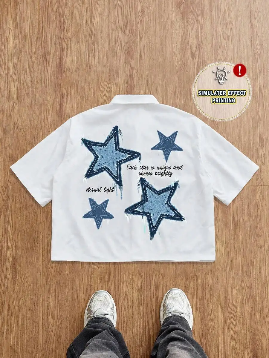 

Men's White Loose Cropped Shirt with Distressed Star Print and Text Design