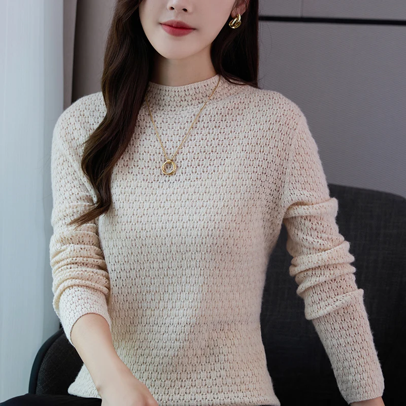 

Pure Wool Knitted Sweater For Women With Pure Color Temperament. Hollow Out For Slimming Versatile Casual Wear. Base Sweater
