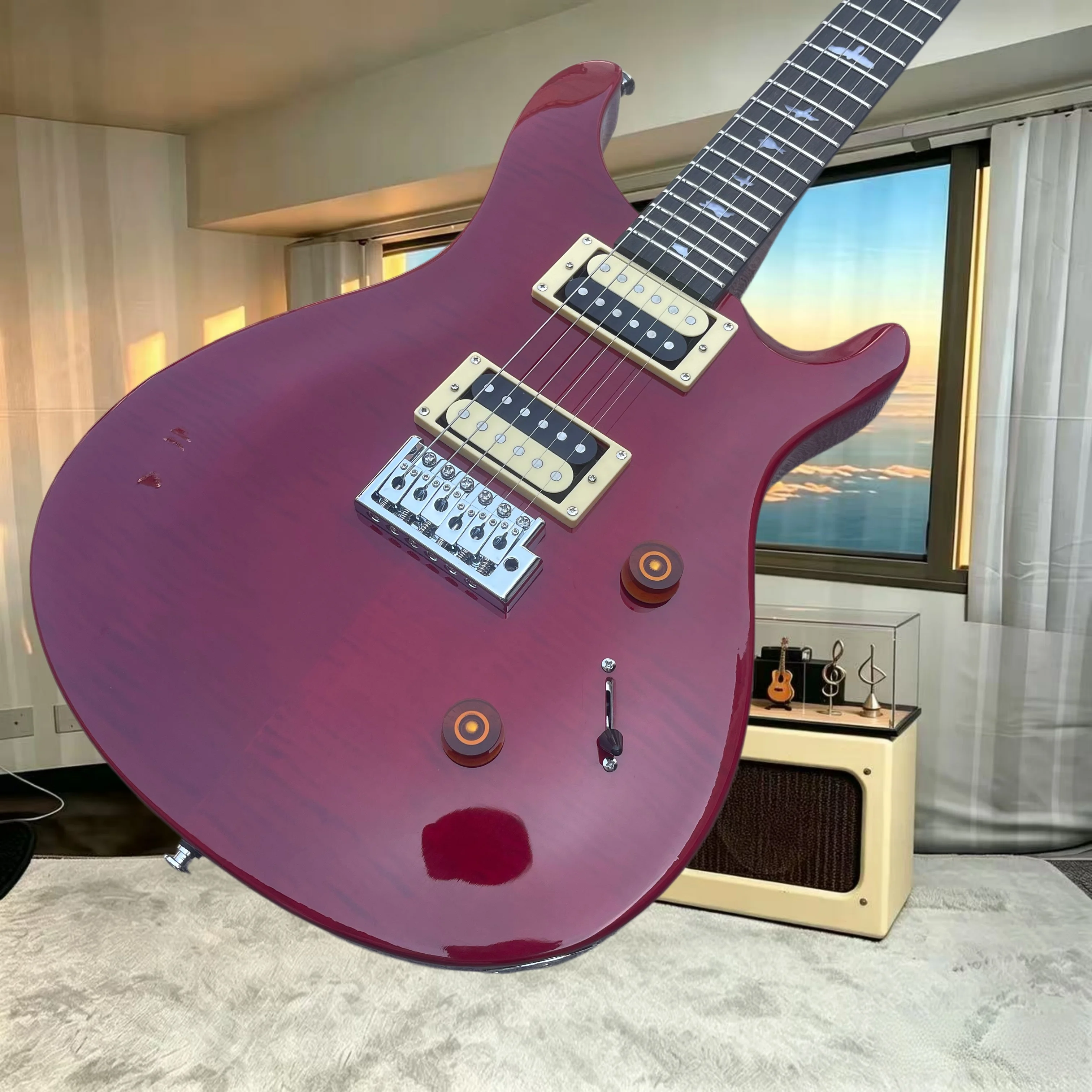 Transparent Red Flame Maple PRSD Electric Guitar HH Zebra Humbuckers Bird Inlay Fretboard Chrome Hardware, Hard‑Rock Blues Pop
