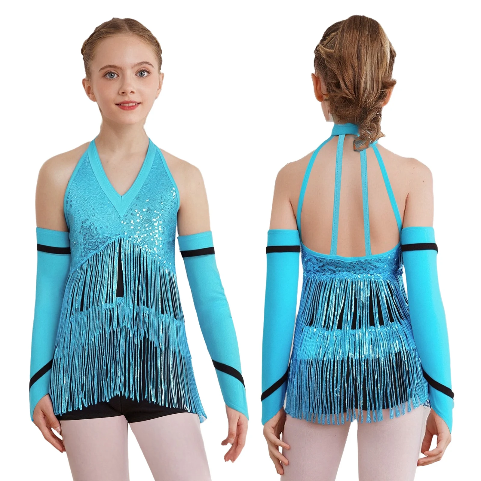 Costume da spettacolo teatrale per bambina, danza jazz latina, tuta corta per competizione con paillettes e guanti