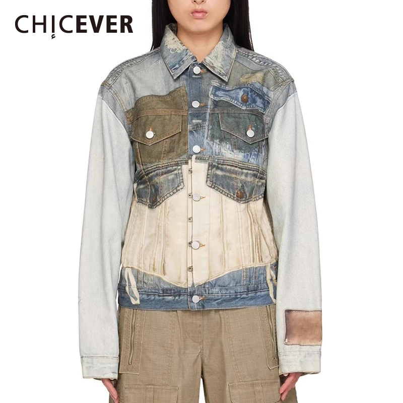 

CHICEVER Vintage Print Coat For Women Spliced Pocket Demin Streetwear Colorblock Fashion Designer Jacket Female Korean Popular