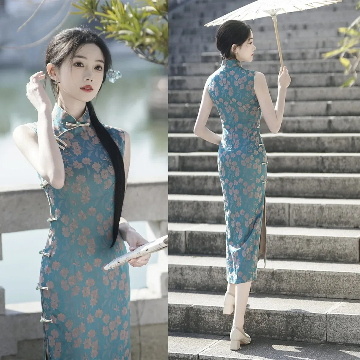 

Модное женское китайское платье Cheongsam для молодых девушек, длинное жаккардовое платье без рукавов Qipao 2024, Новое поступление, повседневная юбка, уличное платье