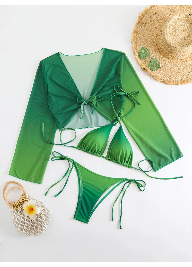 Sexy Dreieck Push Up Bikini 3-teiliger Badeanzug mit kurzen Ärmeln Mesh Cover Up Sommer Side String Badeanzüge Mesh Beach Wear