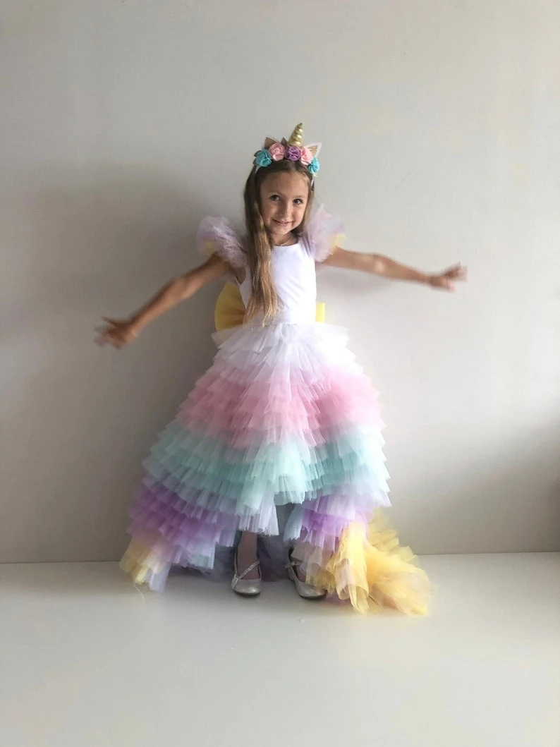 Lovely Rainbow Little Baby Girls Flower Girl Dress Tulle Wonderful Colors Kids Birthday Gift Family Princess Party Gowns