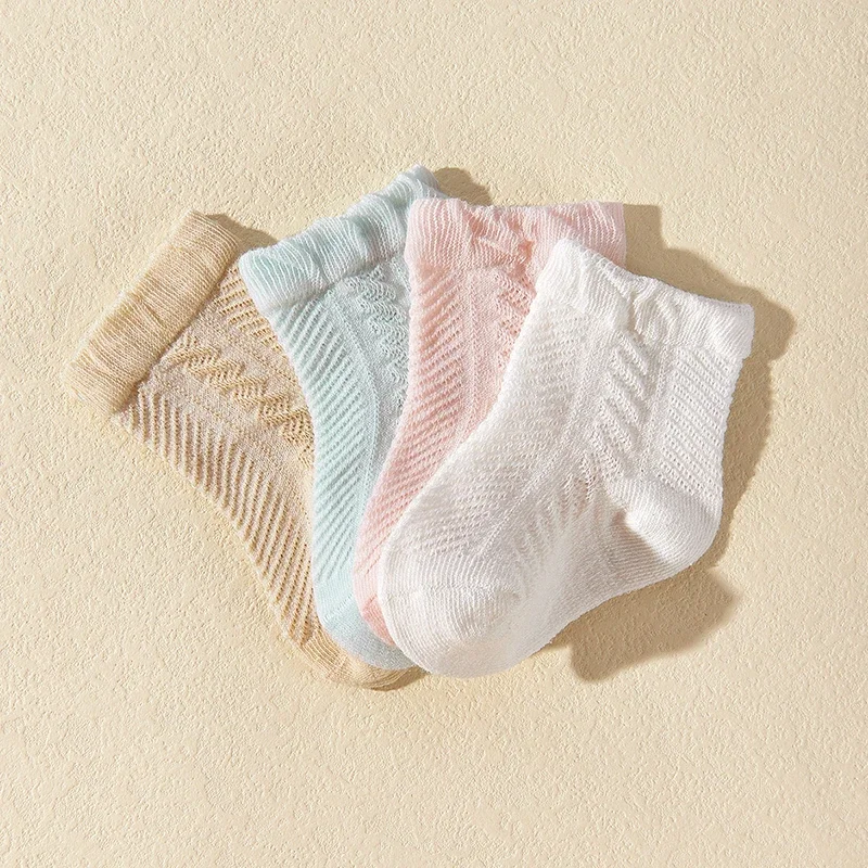 4Pair Solid Color Mesh Socks for Baby Summer Middle Tube Sock Thin Breathable Newborn Cotton Sock 0-2Year Boy Girl Kids Footwear