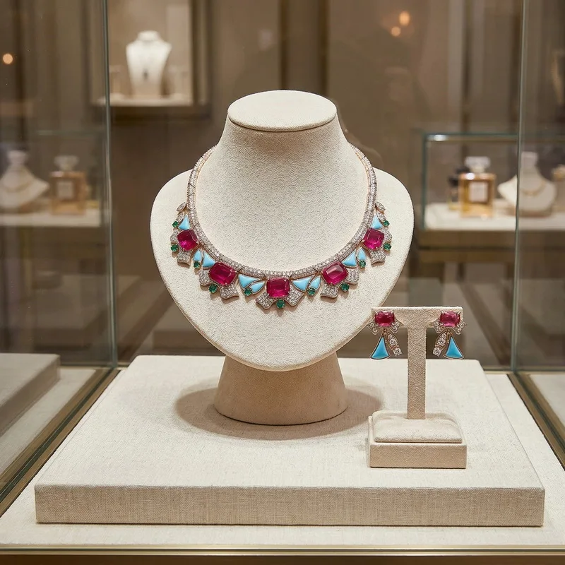 

Комплект украшений в европейско-американском стиле: серьги, колье-чокер, подвеска с кубическим цирконием, синтетическим рубином и бирюзой для женщин, для вечеринок