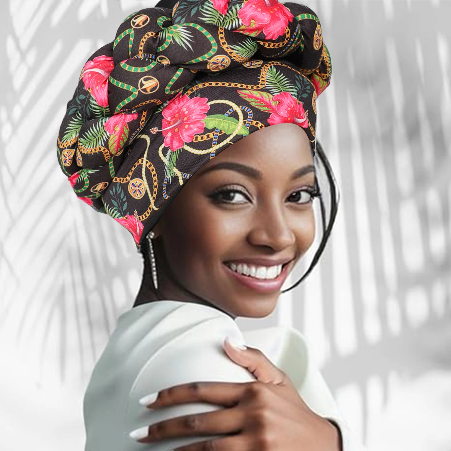 African Big Braid Pre-tied Turban Cap Printing Classic Head Wrap Elastic Bonnet Beanie Chemo Hats For Women