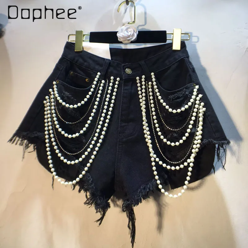 Summer New High-end Heavy Industry Beaded Pearl Chain Denim Shorts Fashion Personality High Waist Slim Ripped Jean Shorts Women