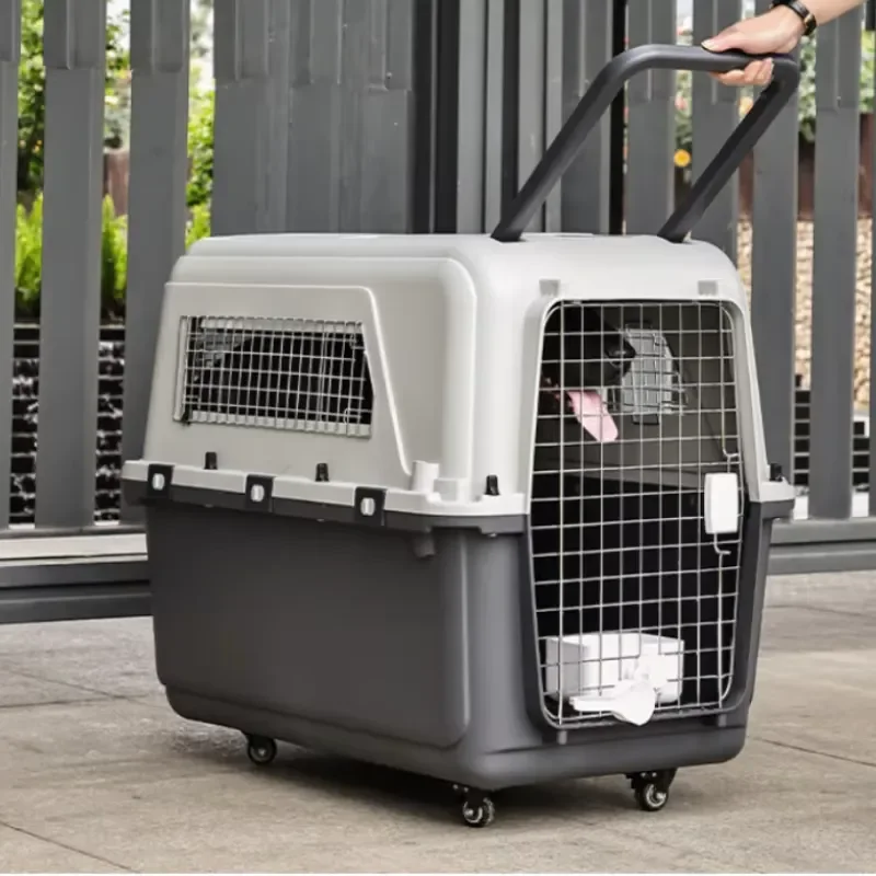 Large Capacity Plastic Dog Travel Cage Portable Pet Trolley Case Luxury Flying Crate Bracket for Big Dogs Safe Airline