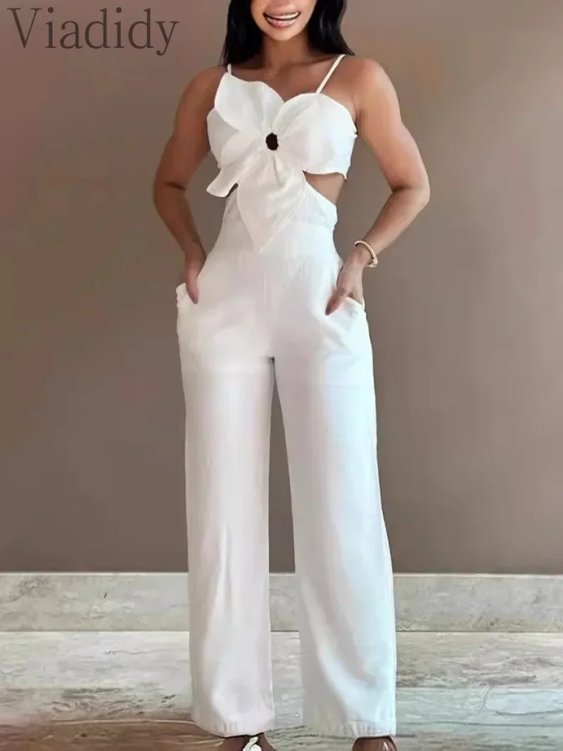 

Women's Sexy Solid Color Sleeveless Hollow Out Backless High Waist Wide Leg Jumpsuits