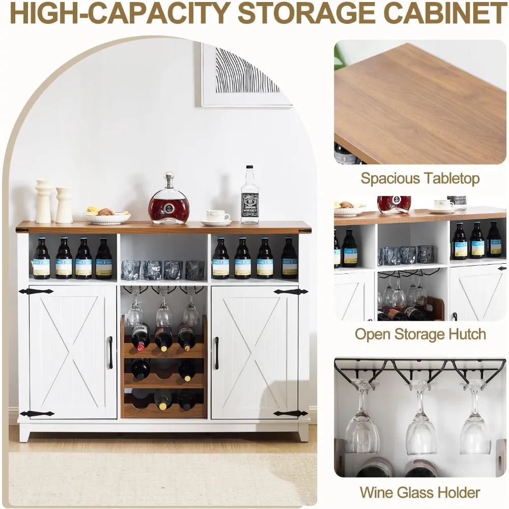 Mueble para bar de vinos de granja, mueble tipo buffet con 51 aparadores con botellero desmontable y 3 compartimentos de almacenamiento abiertos,