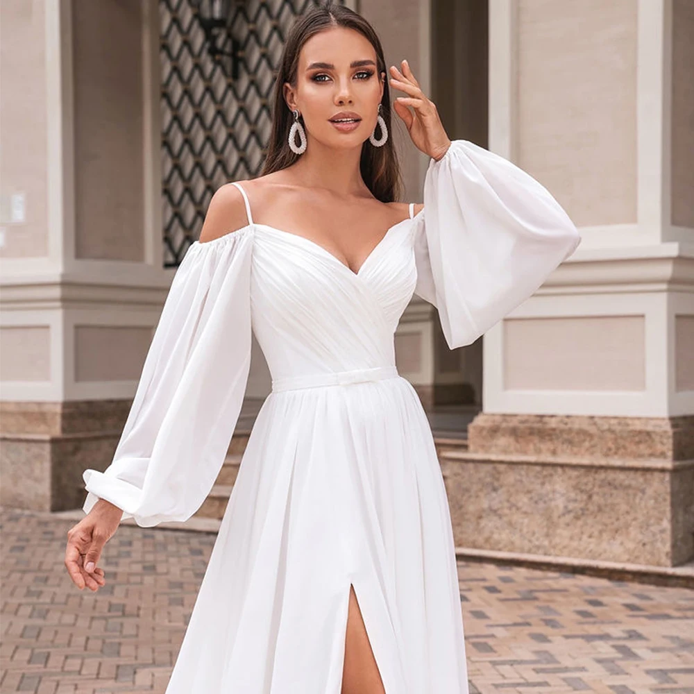 Elegant Spaghetti Straps Wedding Dresses for Women Full Sleeve Bridal Gowns with Chiffon 2024 Summer Side Slit Robe De Mariée