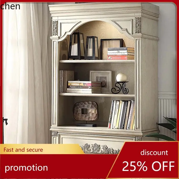 

HT Solid Wood Bookcase Floor-standing Small Bookshelf Carved Arch Decorative Wine Cabinet Vintage Distressed Sideboard