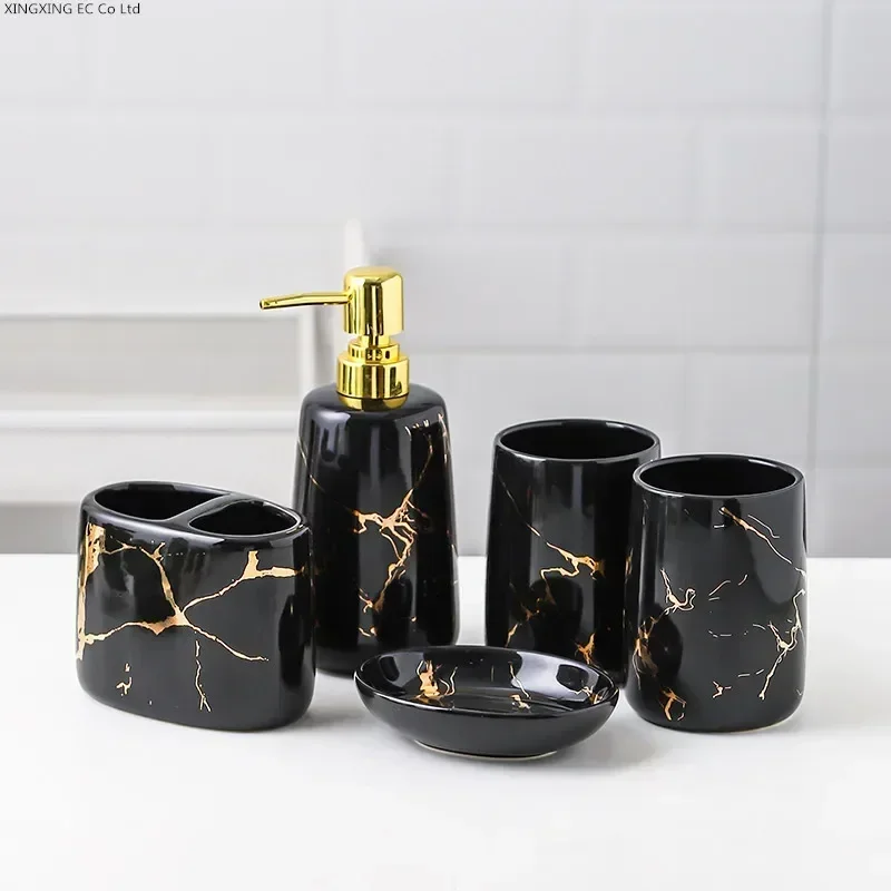 Bathroom Supplies, Gold Patterned Ceramic Soap Dispenser, Toothbrush Holder, Toothpaste Dispenser, Household Storage Tray