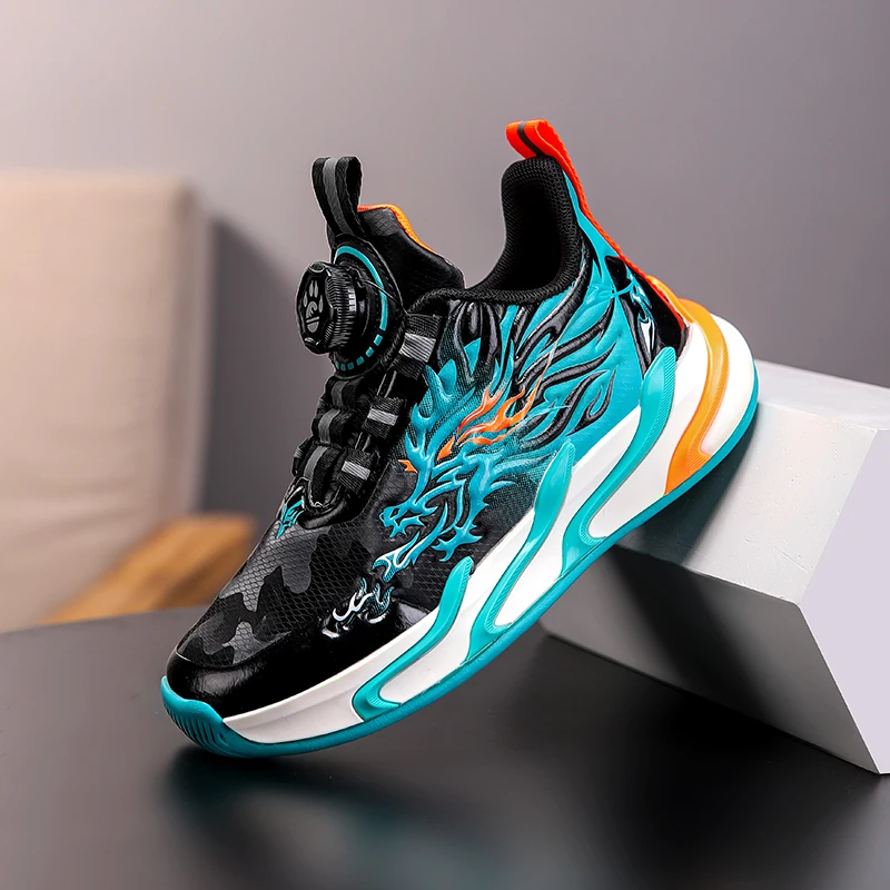 A pair of children's rotary buckle mesh sneakers, dragon pattern print, shock absorbing non-slip training shoes MDH-SK9396