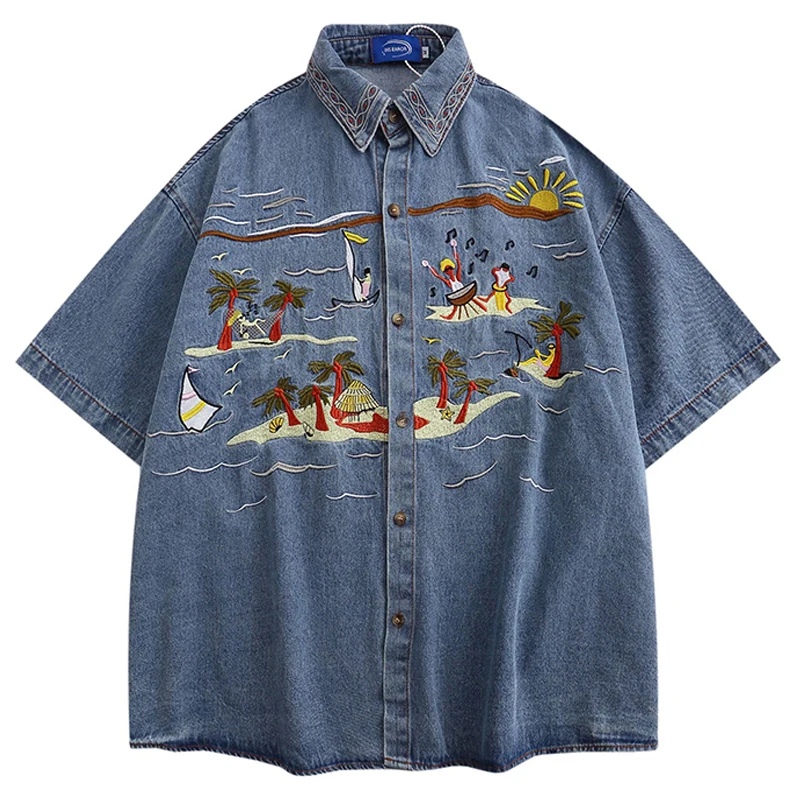 

Hip Hop Shirts Vintage Funny Cartoon Heavy Work Embroidery Coconut Tree Wave Cowboy Short Sleeve Shirt Beach Style Couple Shirt