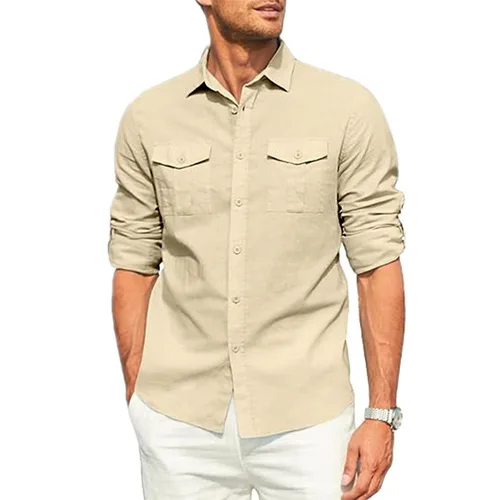 Imagen 2 del producto Camisa de hombre con dos bolsillos, camisa de manga larga de lino y algodón, camisa informal para vacaciones, camisas Cargo sólidas con solapa Simple, blusas