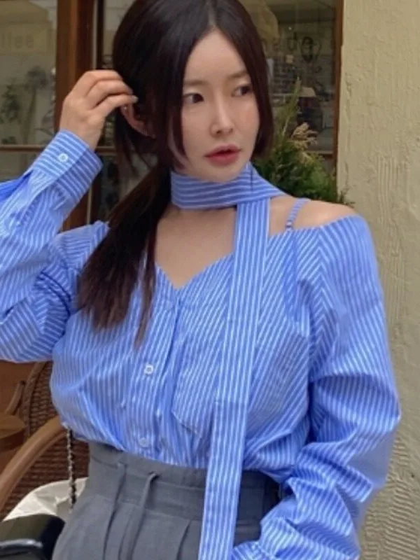 Shoulder Bared Striped Loose Long Sleeve Women's Shirt Korean Style Design Autumn Fashionable Top Casual Loose Fit Shirt