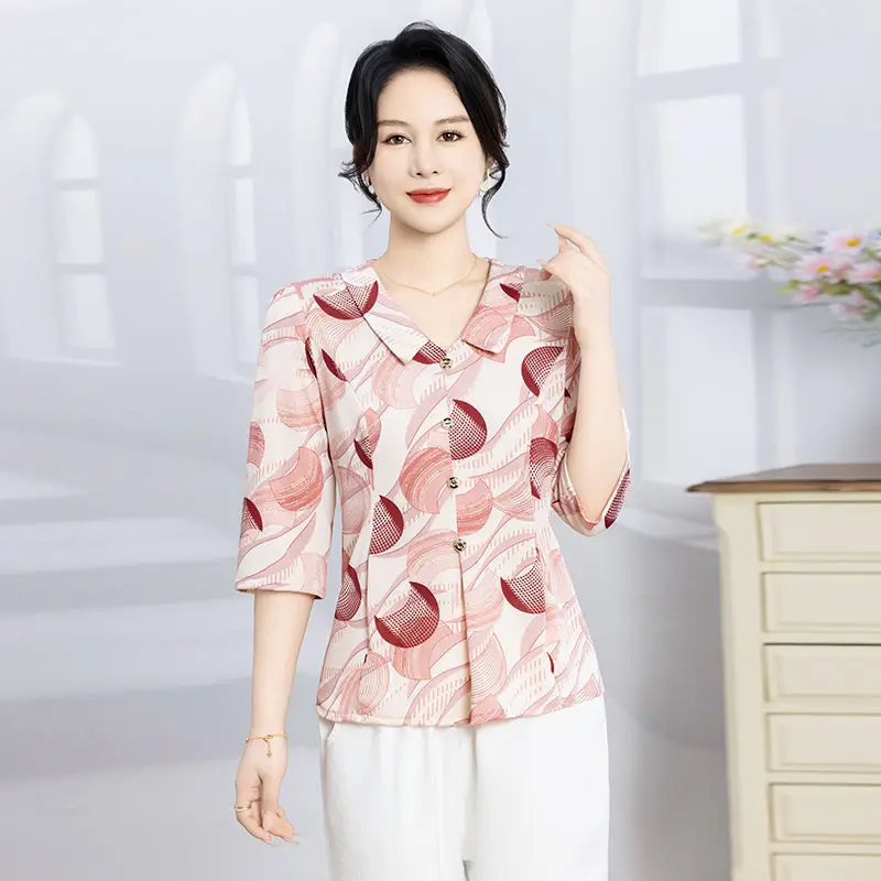 Mutter Frühling Sommer Pendeln 3/4 Ärmel Eis Seide Hemd Senior frauen Lose Große Größe Hemd Dünne Basis hemd
