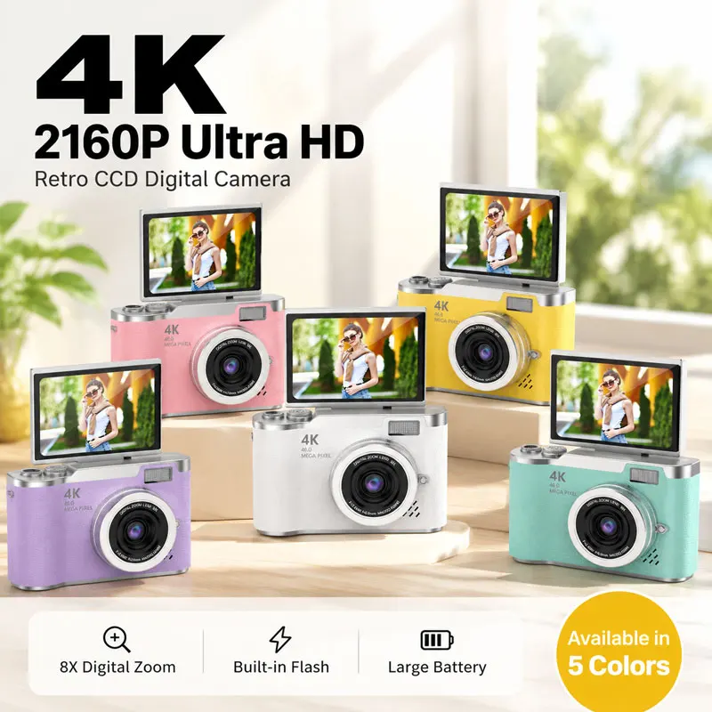 Digital Camera 8X Digital Zoom Vintage Vlog Video Recorder 180° Flip Screen Selfile Compact Digital Photography Camera for Kid