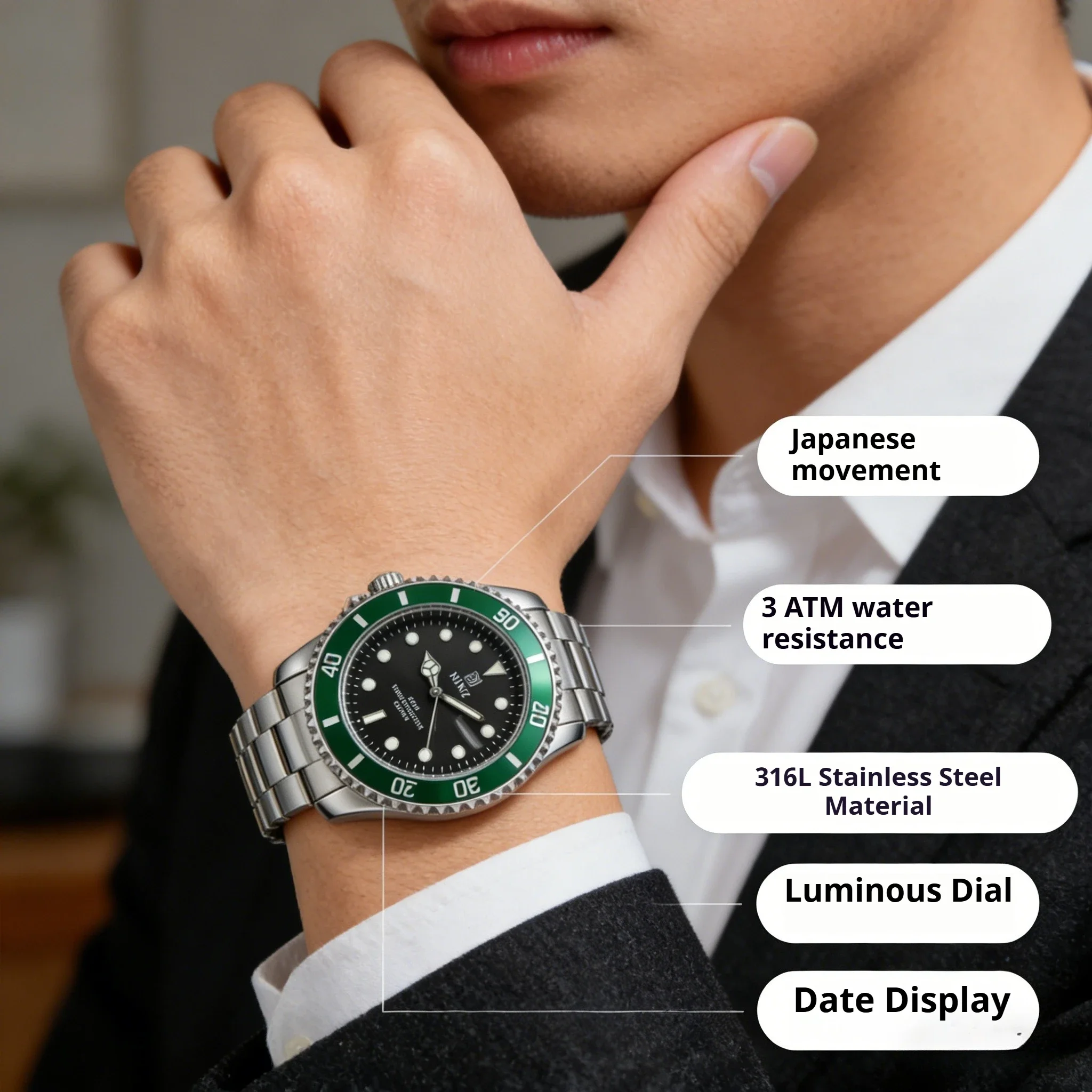 NDNZ Luxury Couple Watches Japanese Movement Stainless Steel Band Sapphire Glass Waterproof Luminous Man Watch