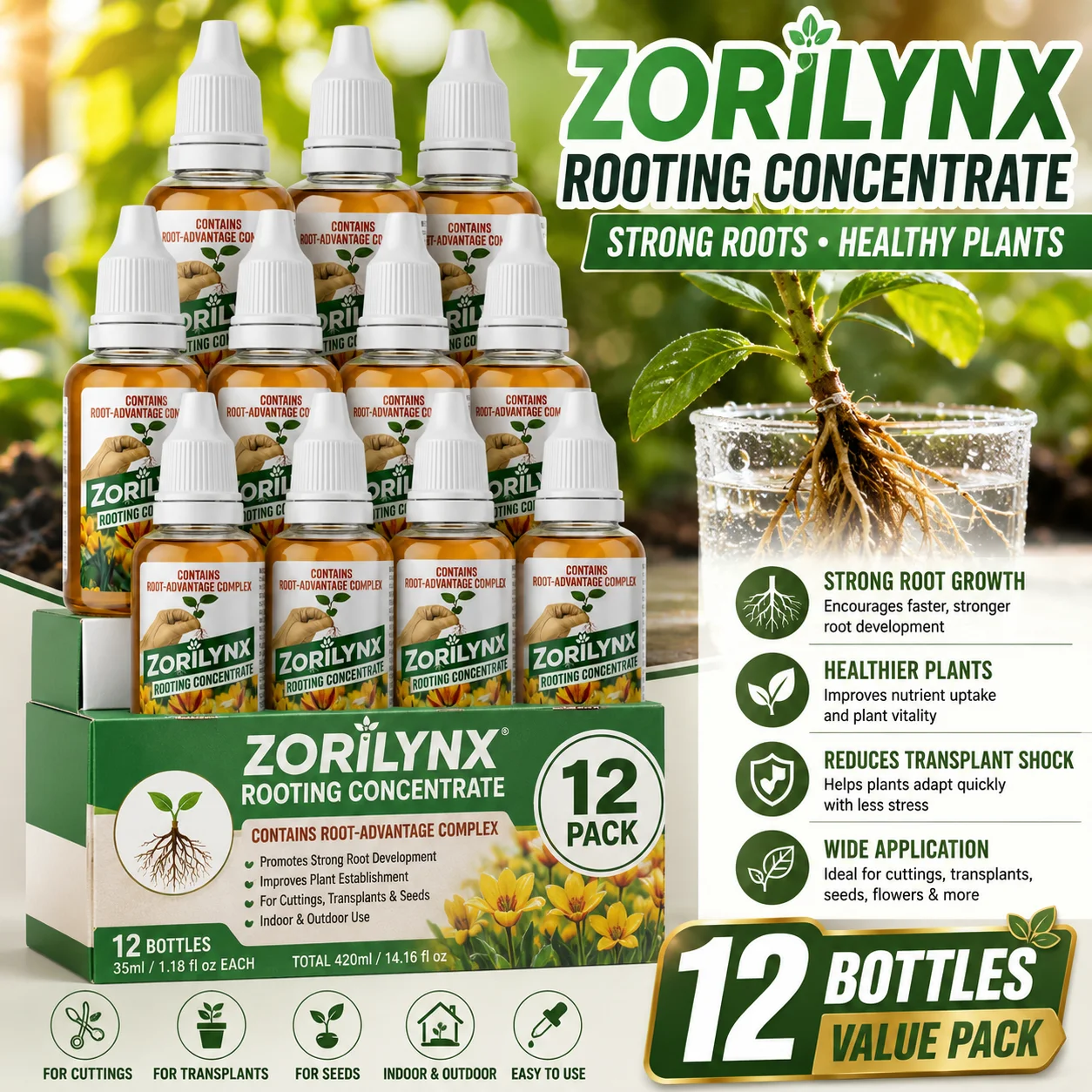 Professional Rooting Stimulator ZORILYNX 35ml Rooting Concentrate, Rapid Root Growth Solution for Flowers and Garden Plants