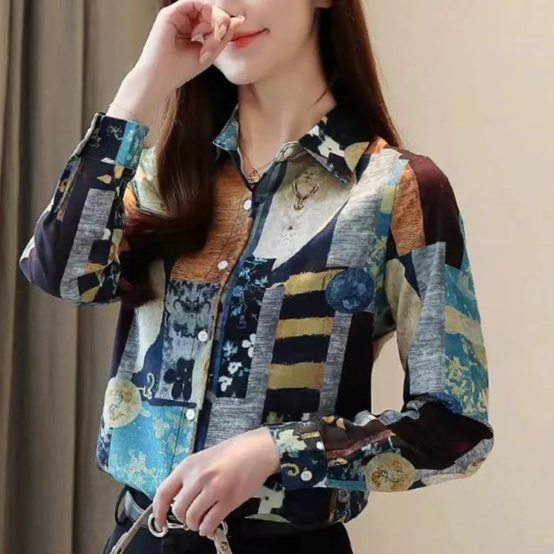 2024 New Korean Retro Spring Women\'s POLO Collar Printed Fashion Versatile Single Row Multi Button Long Sleeve Loose Shirt Top