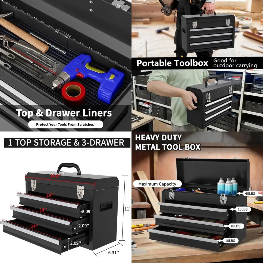 

Heavy-Duty 3-Drawer Portable Metal Tool Chest with Ball-Bearing Slides and Double Latches for Workshop Storage (Black)