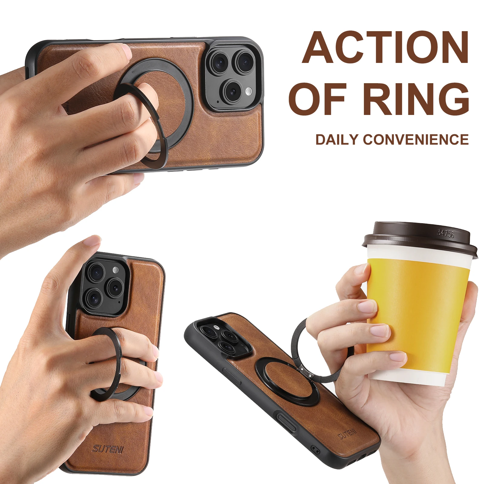 SUTENI Oil Wax PU Leather Wireless Ｃharging Phone Case 360° Rotating Stand Buckle For iPhone 17 Pro Max 16 Plus 15 Pro 14 13 12