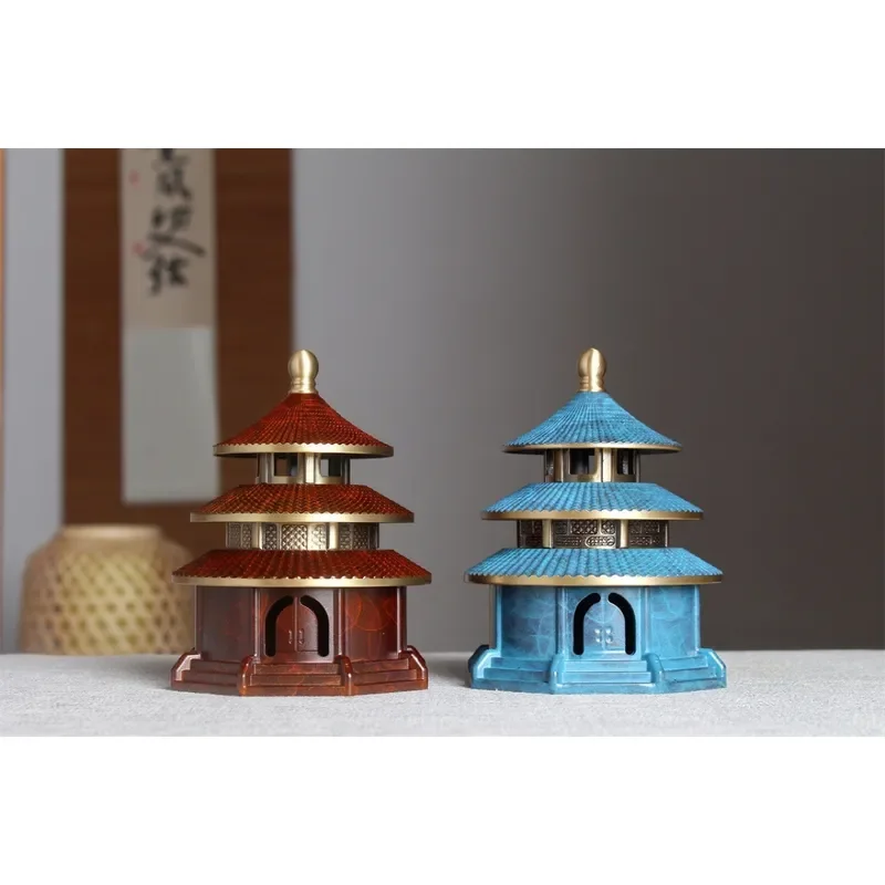 Large Brass Incense Burner Temple of Heaven Design Blue Glaze Pagoda Style Aromatherapy Censer Chinese Traditional Home Decor