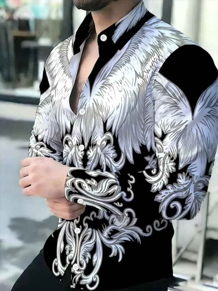 Retro men's long sleeved shirt, personalized angel wings full body printed top, fashionable and versatile casual men's shirt