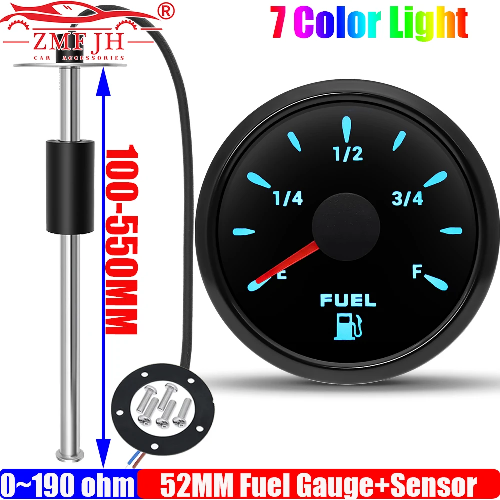 

ZMFJH 0-190ohm Fuel Level Sensor+52MM Oil Tank Meter Indicator 7 Color Light for Diesel Petrol Car Boat Yacht Fuel Gauge 12V24V