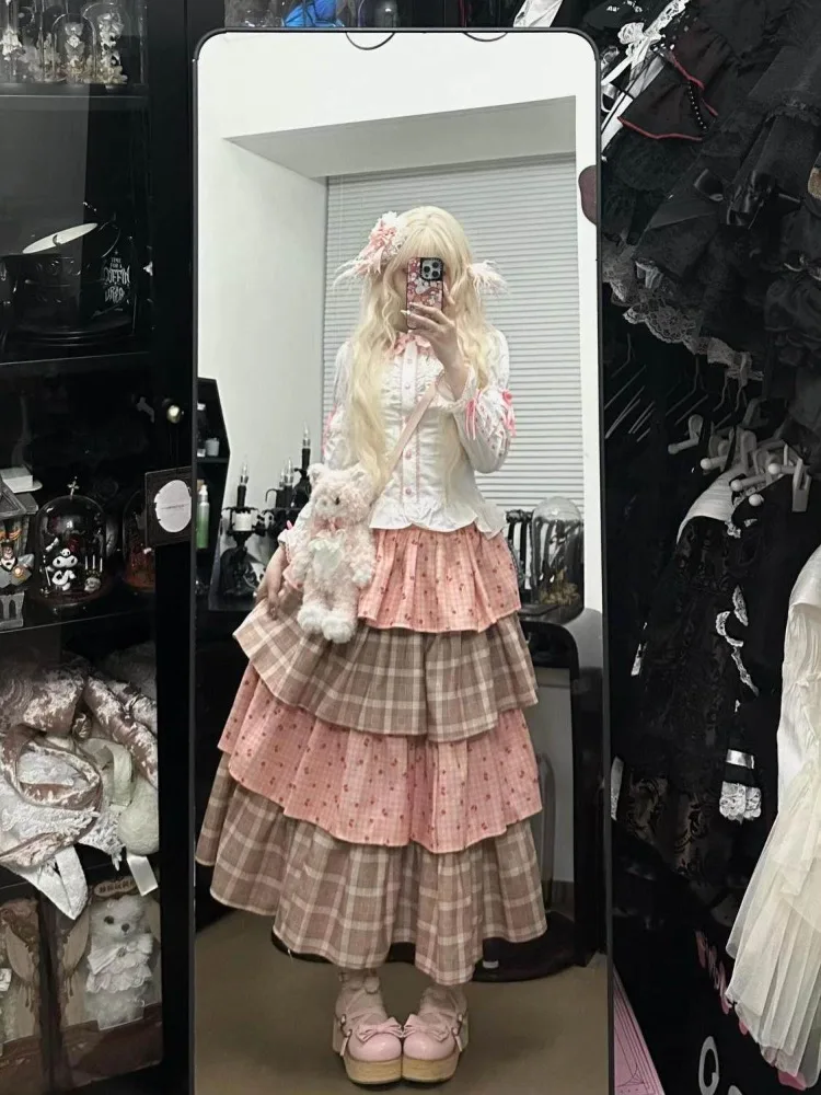 Cute Long Skirt For Women's Japanese Sweet Jupe High Waist Patchwork Saia 2026 Faldas Mujer De Moda Print Plaid A-line Skirts