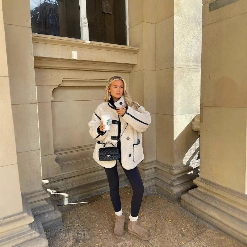 

Onecozyday женская белая дубленка, белое пальто с воротником-стойкой и длинными рукавами на пуговицах, 2025 стильная верхняя одежда с кожаной отделкой