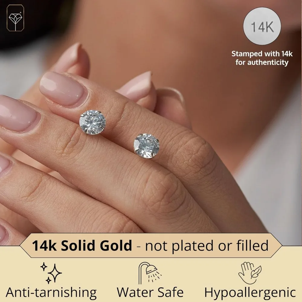 أقراط سوليتير مكعبة الزركونيا المستديرة من الذهب عيار 14 قيراط - ترصيع للجنسين مع تشيكوسلوفاكيا المضادة للتشويه، مجوهرات متينة وأنيقة