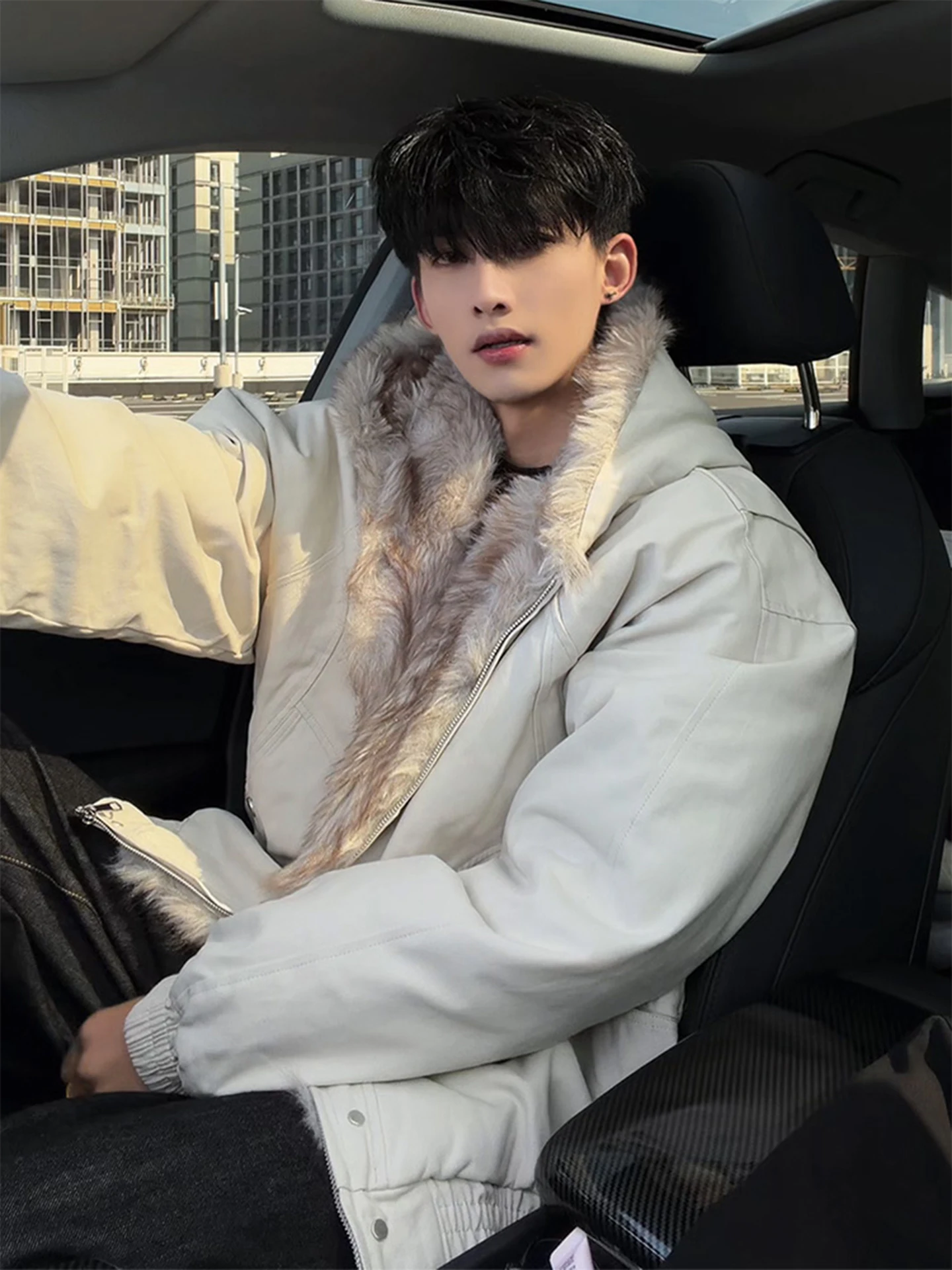 

Men's Hooded Fce Lined Thiened Cotton Jaet Winter Warm High-End Sensation Fur Collar Coat Stand Fit Pure Color Casual