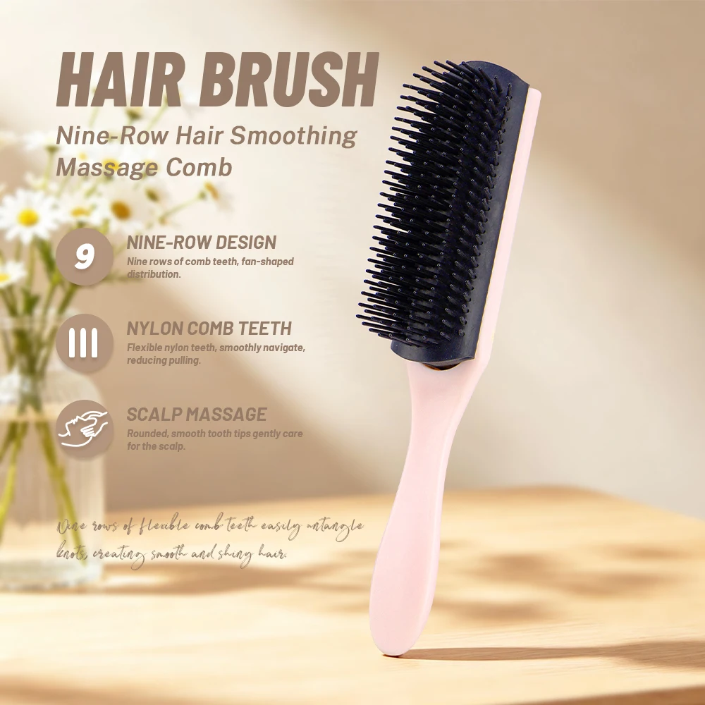 9-Rows Detangling Hair Brush Denman Detangler Hairbrush Scalp Massager Straight Curly Wet Hair Comb Salon Hairdressing Tools